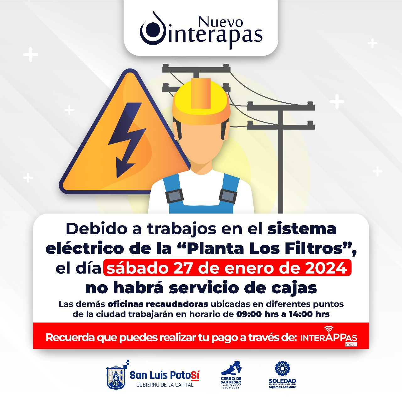 Por trabajos en el sistema eléctrico en planta “Los Filtros”, este sábado no habrá servicio en cajas recaudadoras
