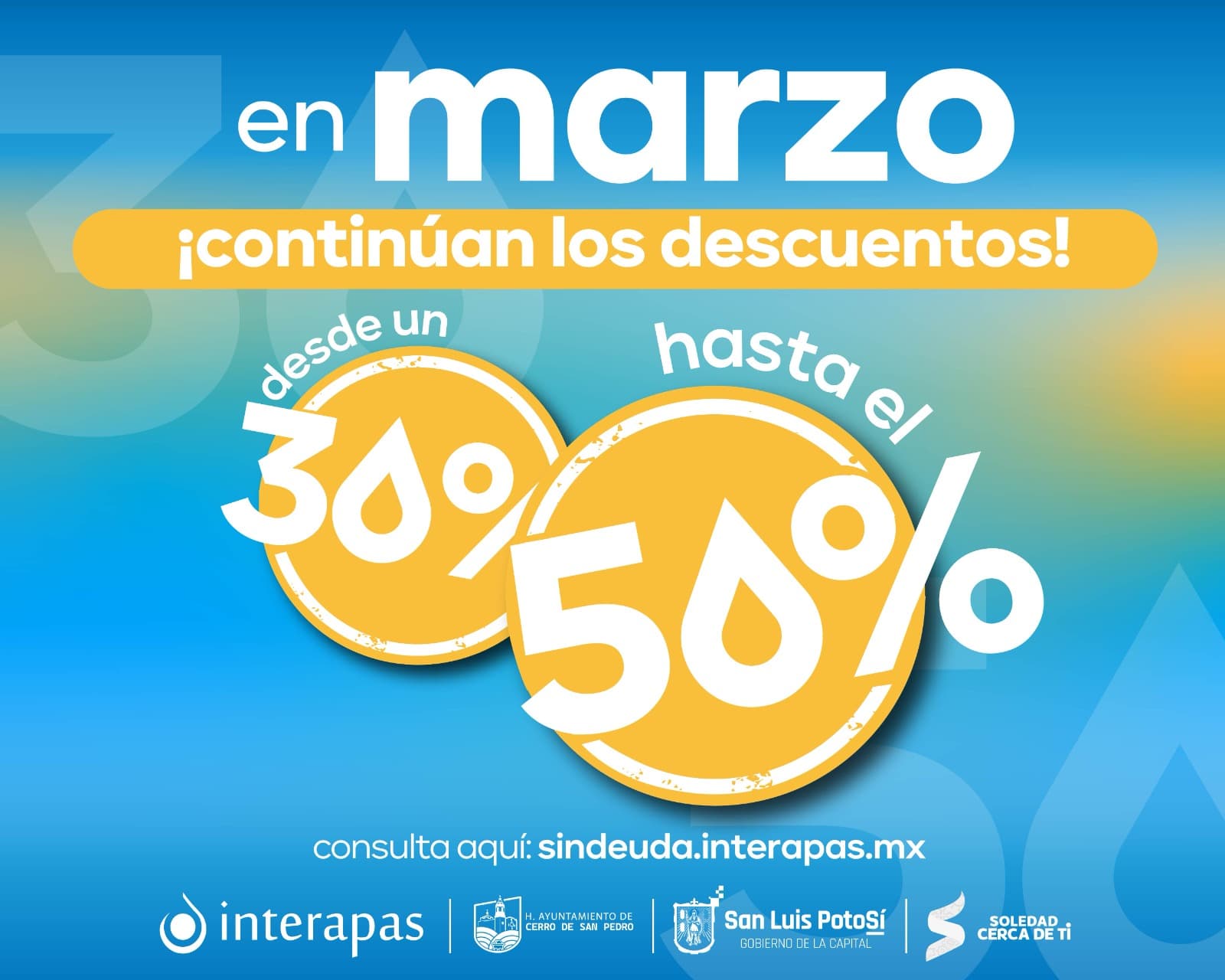 En marzo, continúan los descuentos de un 30 y hasta 50 por ciento en adeudos de agua de Interapas.