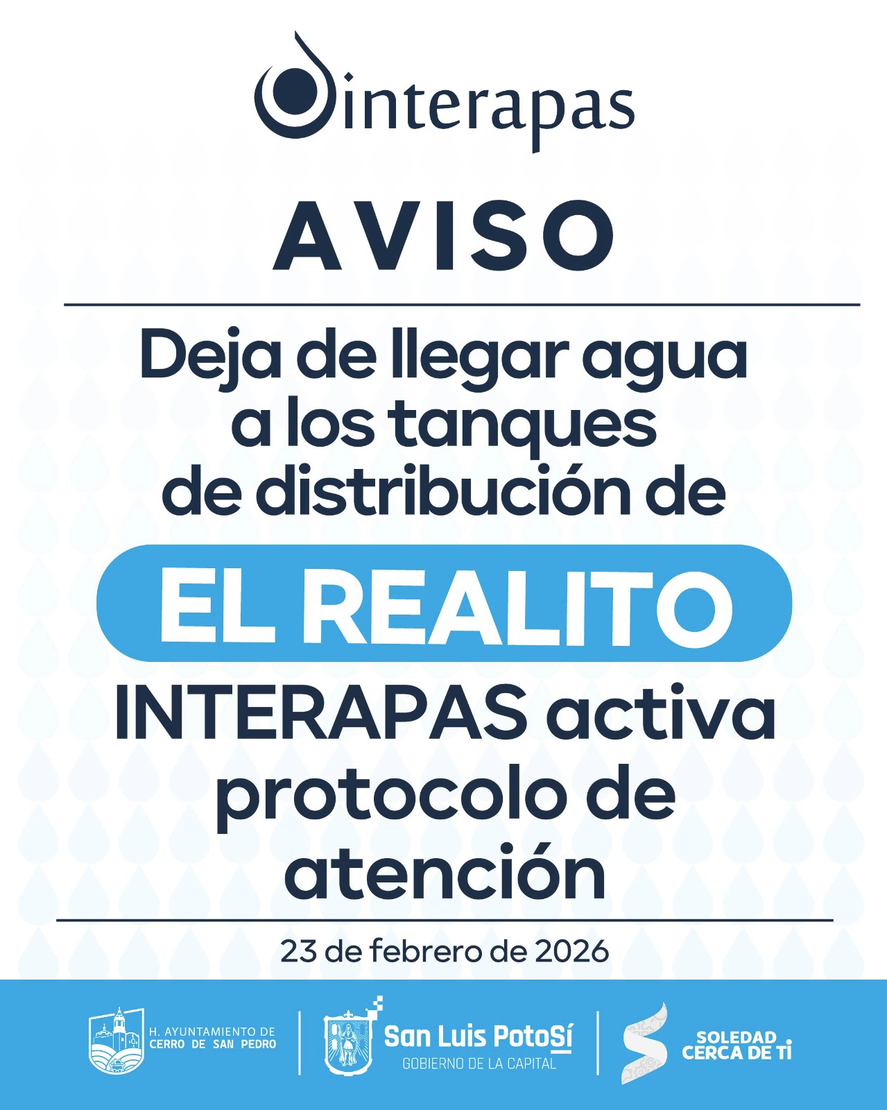 Falla en el sistema de presa El Realito, interrumpe el suministro de agua a la la capital