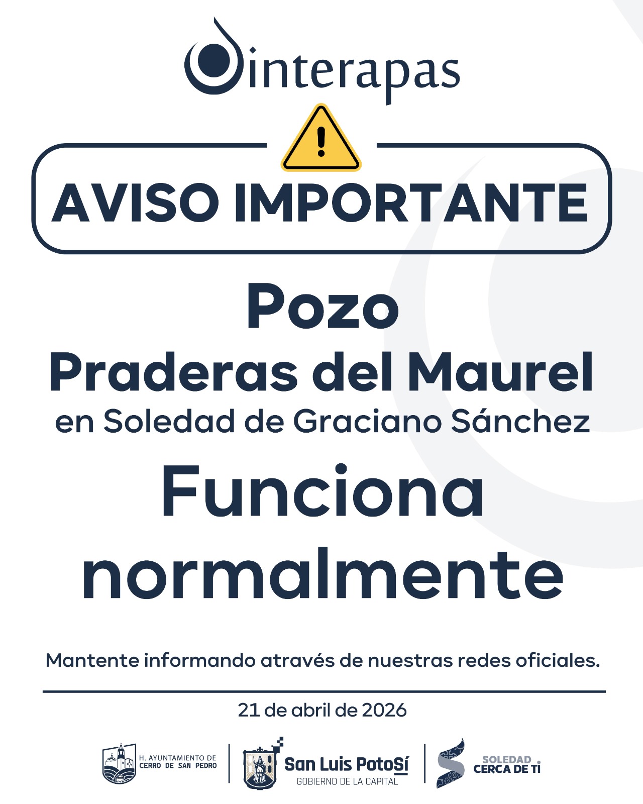 Pozo Praderas del Maurel opera normalmente: Interapas